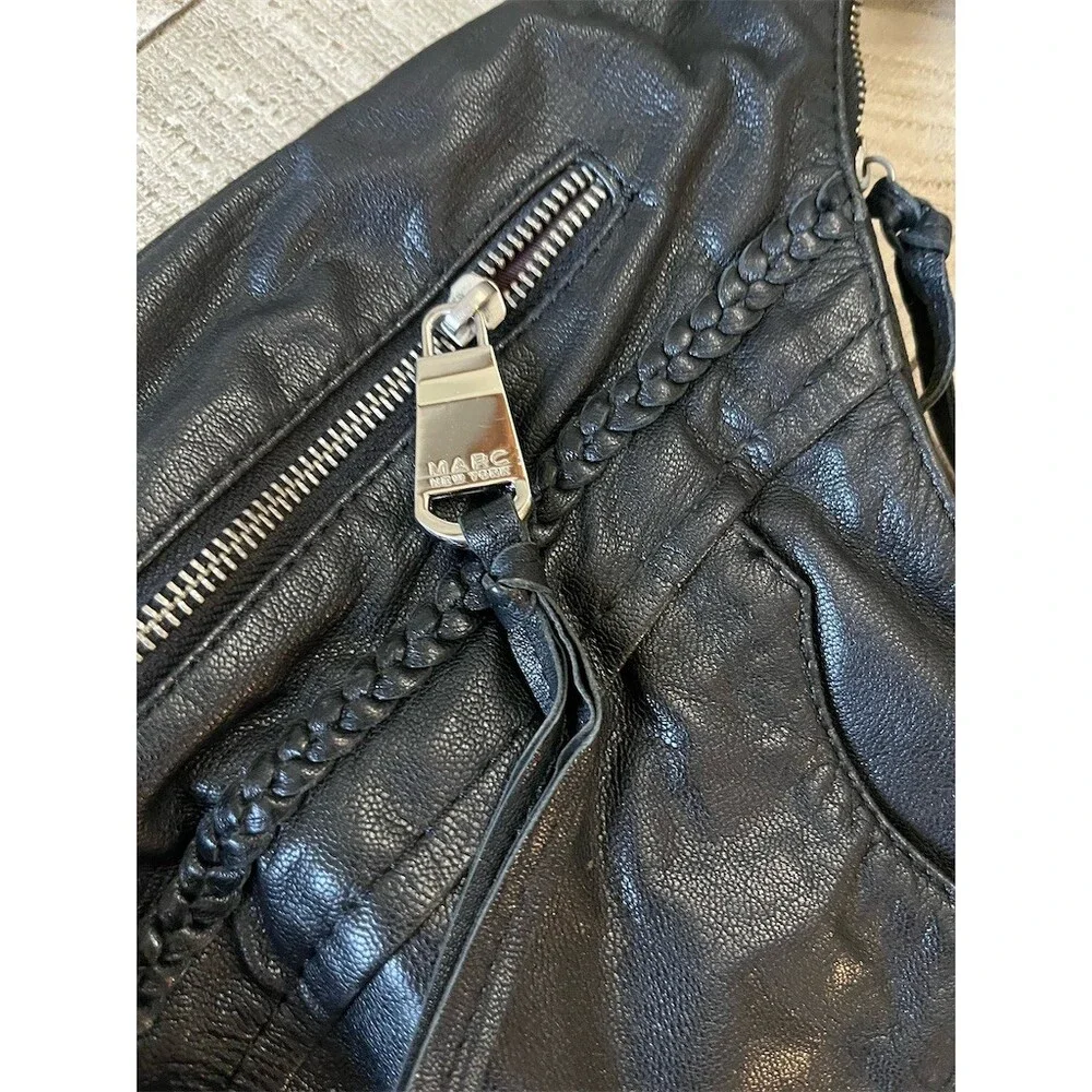Andrew Marc Hobo Shoulder Bag Womens Black Braided Trim Dual Zip